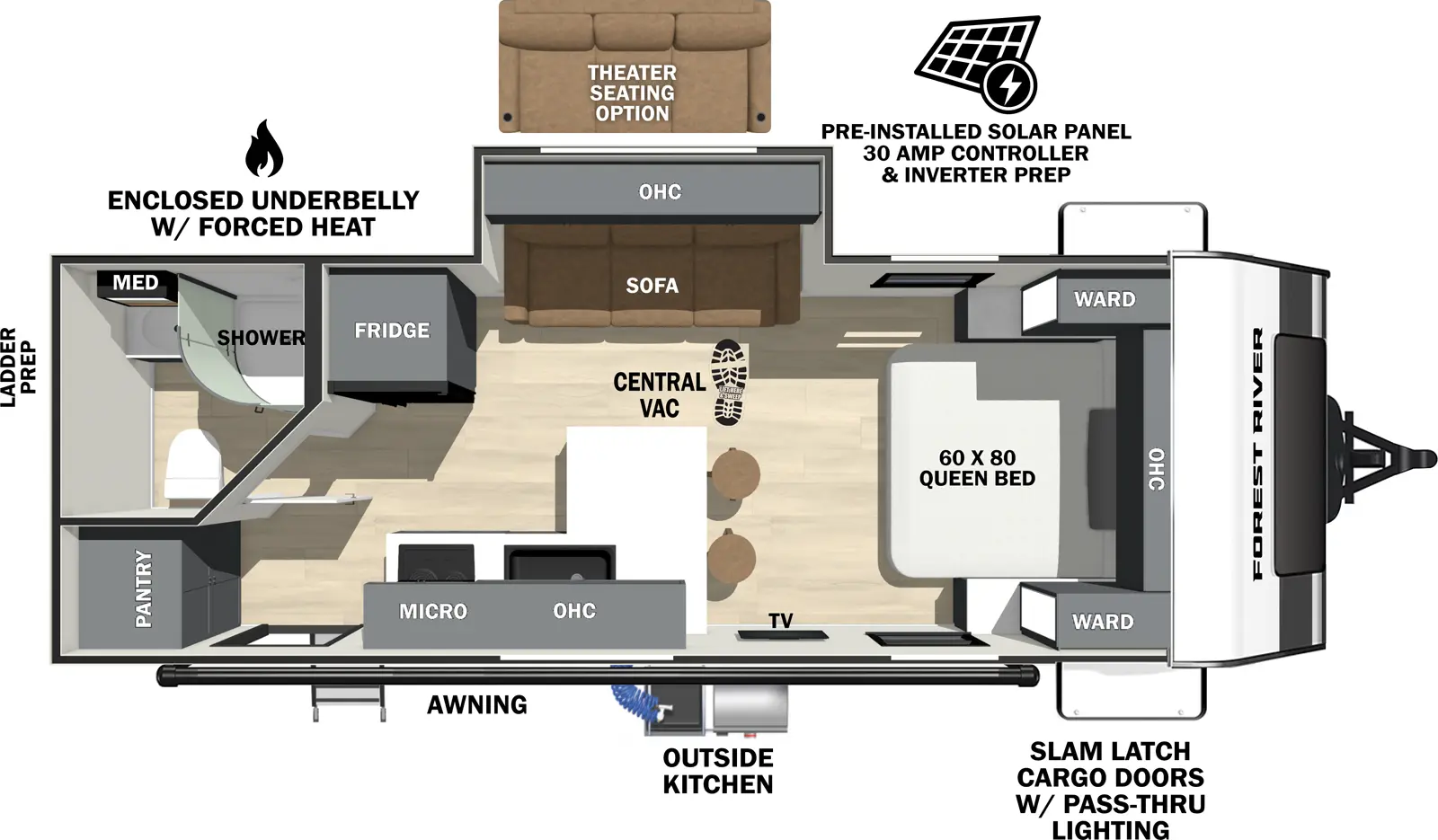 The Ibex 19MSB floorplan has one entry and one slide out. Exterior features include: fiberglass exterior, 16' awning and outside kitchen. Interiors features include: front bedroom.
